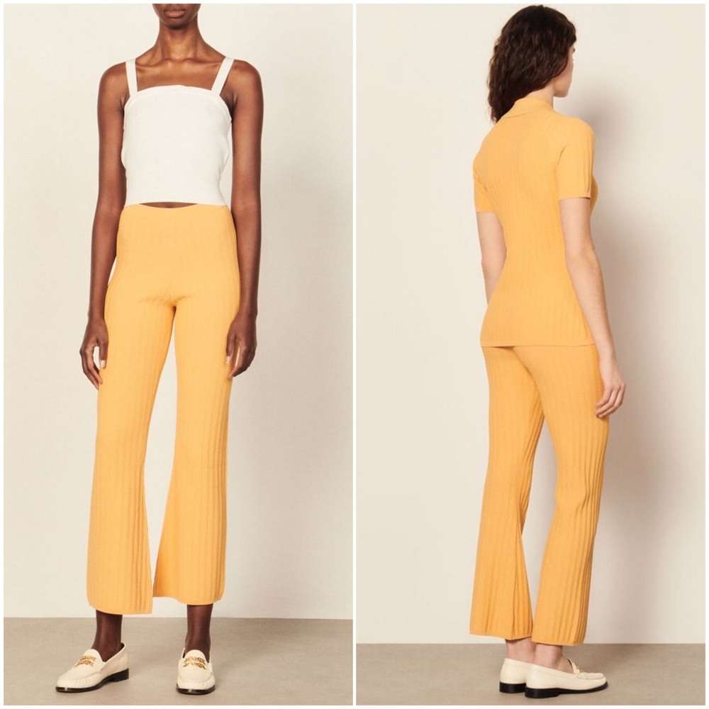 SANDRO Pointelle Trim Rib Knit High Rise Ankle Crop Bootcut Flare Leg Pants‎ M - Picture 4 of 14